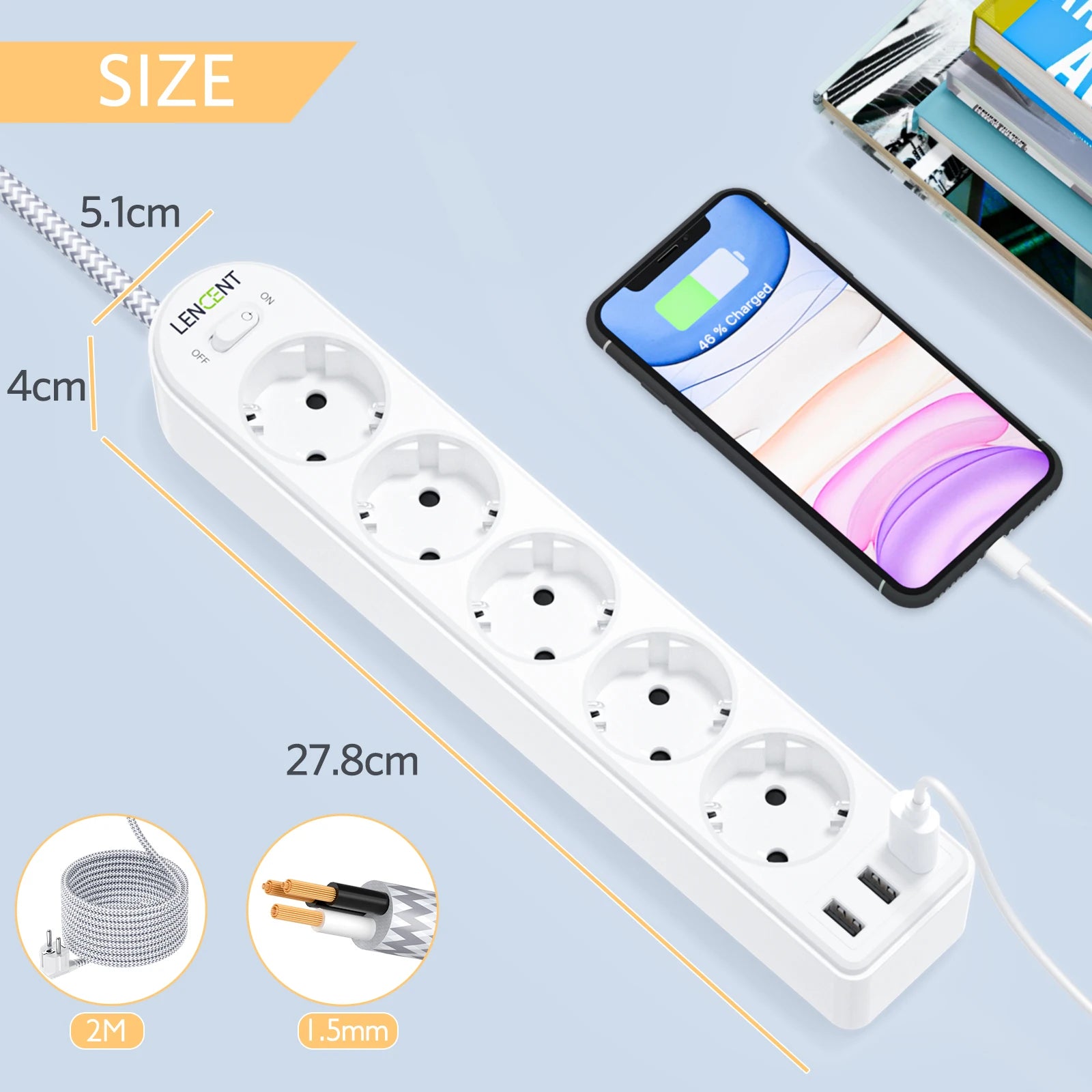 LENCENT - Ổ Cắm Đa Năng 8 Trong 1, 5 Ổ Cắm, 3 USB