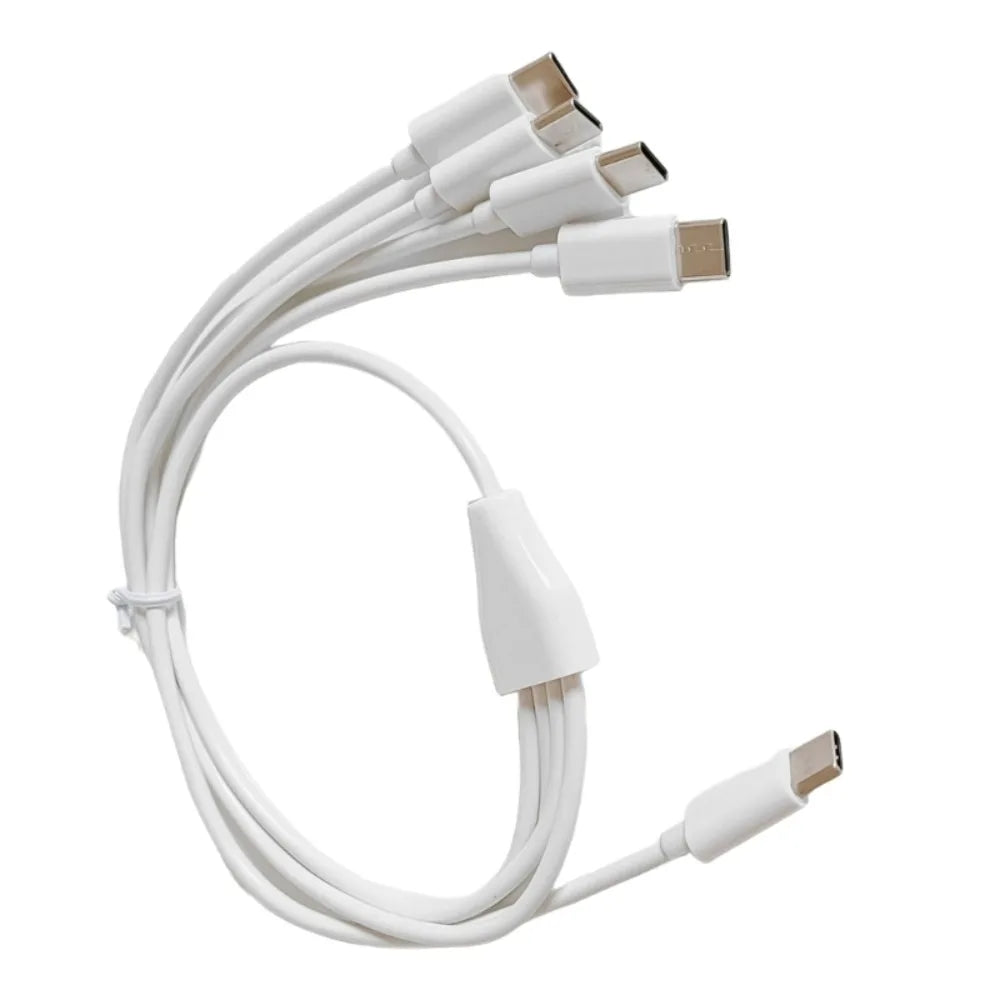 Cáp sạc trắng dạng chia 5 đầu USB-C, dây dài, đầu cắm kim loại.