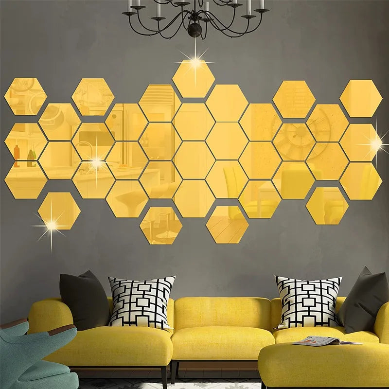 120/6pcs 3D Mirror Wall Sticker Hexagon Acrylic Self Adhesive Mirror Stickers Art Wall Decal Mosaic Tiles DIY Home Bedroom Decor