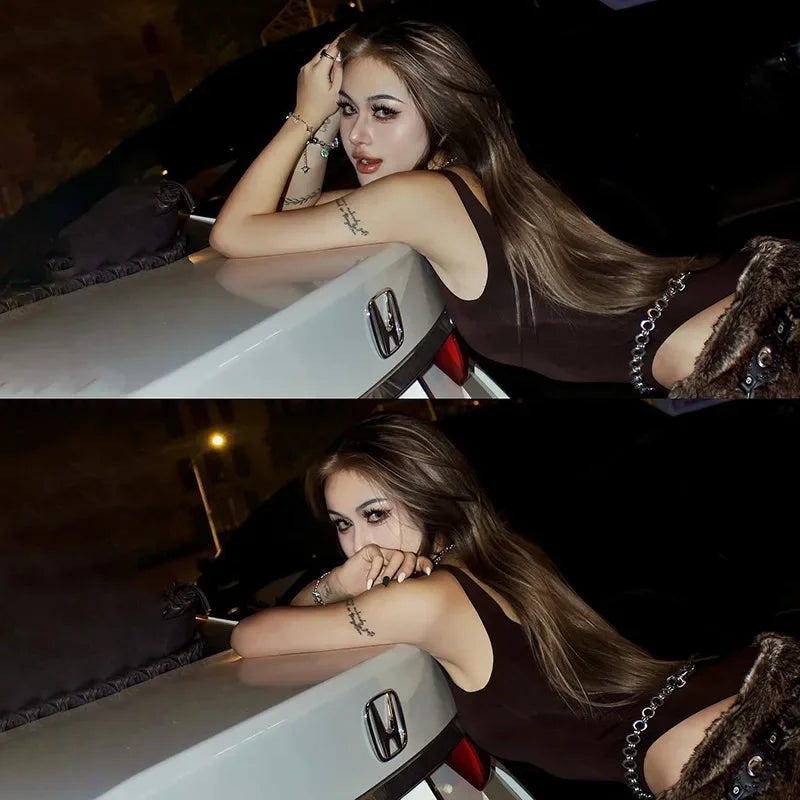 Brown Suspender Tights One-pieces Sexy Bodysuit Lingerie Slim Fit Body Feminino Sleeveless Lenceria Femenina Bustier Rave Outfit