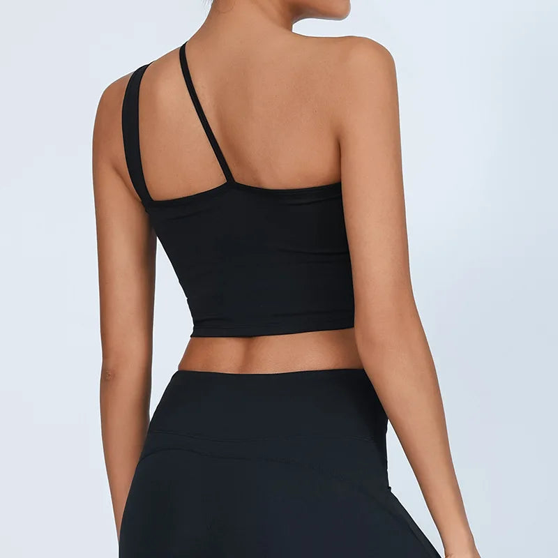 Yoga Tank Top with Built-in Bra Asymmetric Single Shoulder Quick-Dry Breathable High Elasticity Workout Gym Fitness Clothes - Daisan Mart