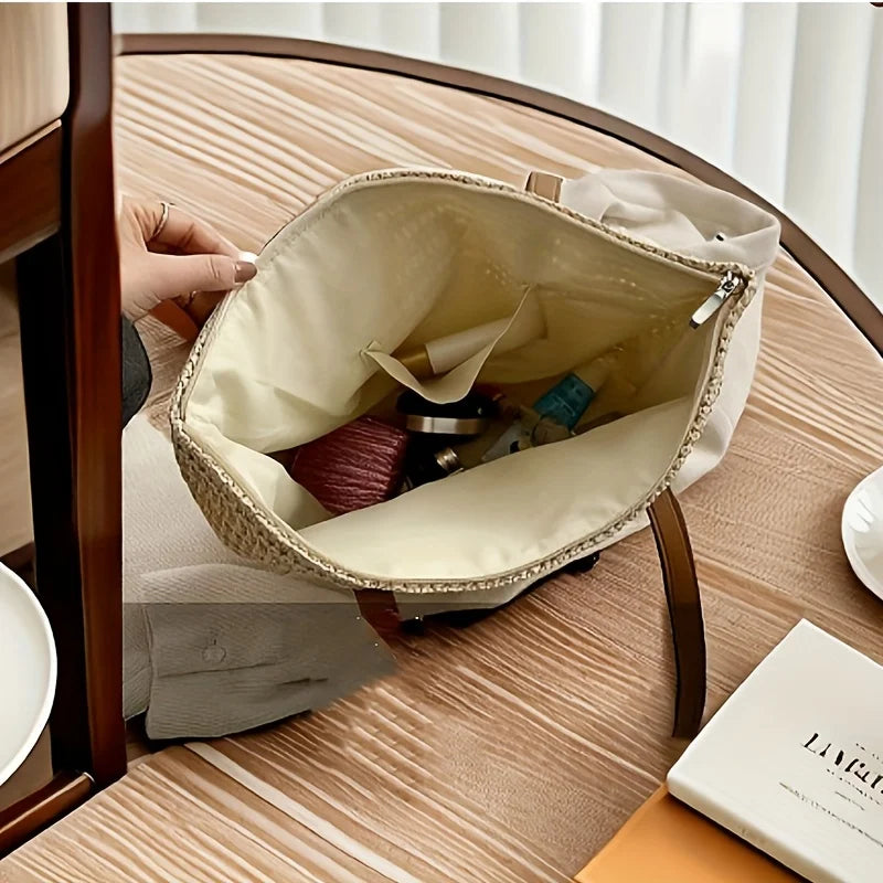 Beige Large Straw Bag with Brown Strap Fashion