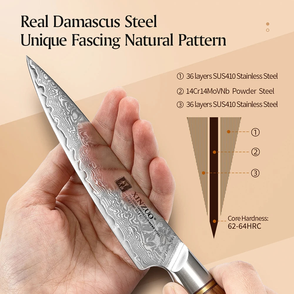 XINZUO 5" inch Utility Knife Kitchen Knives Japanese 73-layer Powder Steel Core Damascus Steel 62-64 HRC Vegetable Peeling Knife