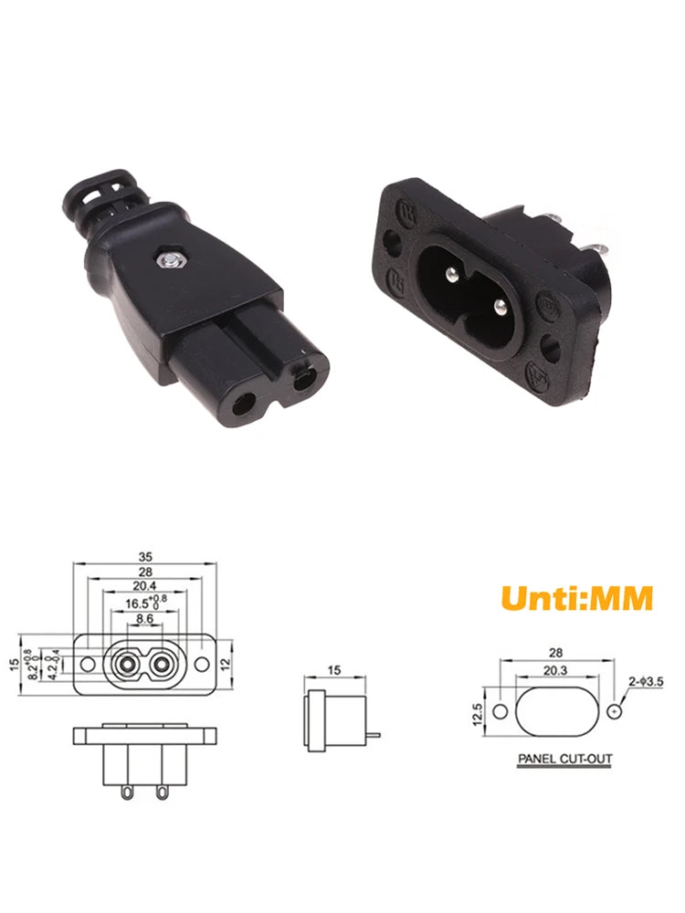 Hot 1PC C8 Male Power Socket Female Plug Power Outlet Embedded Electric Connector AC 2.5A 250V 8-Shaped Plug Socket 35mm*15mm