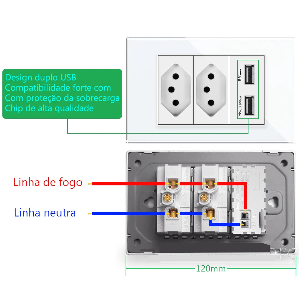 Ổ Cắm Điện Kèm Cổng USB Kính Cường Lực Brazil 118