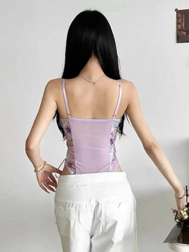 Sexy Butterfly Floral Bodysuit Embroidery See-through Mesh