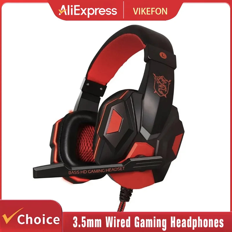 Tai nghe chơi game màu đen và đỏ, có họa tiết rồng, dây 3.5mm.