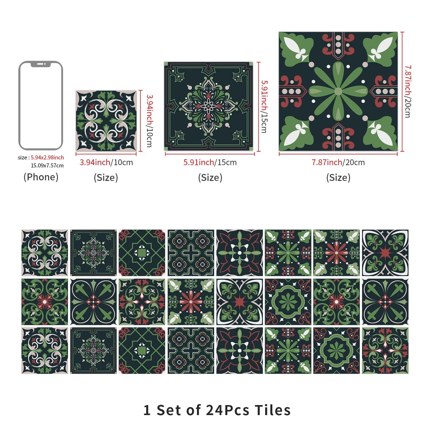 24pcs Of Exquisite Colorful Tile Stickers European Style Wall Stickers Pvc Waterproof Bathroom Kitchen Self-Adhesive Wallpaper