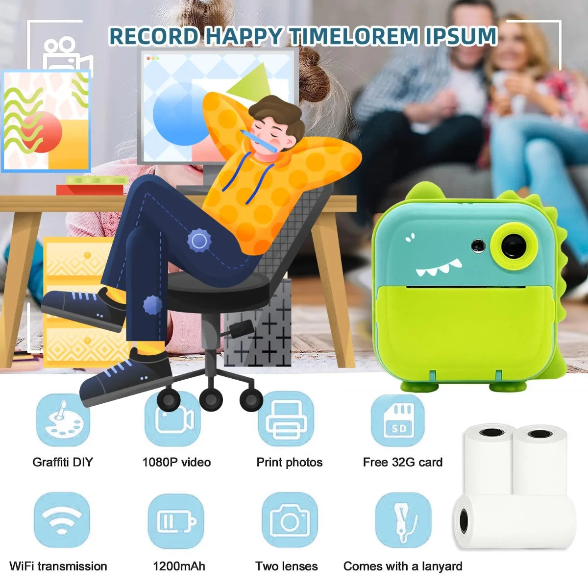 Instant Print Camera for Kids Inkless Sticker Printer for Girls Boys Age 3-12 gift HD Digital Video Cameras Mini Thermal Printer