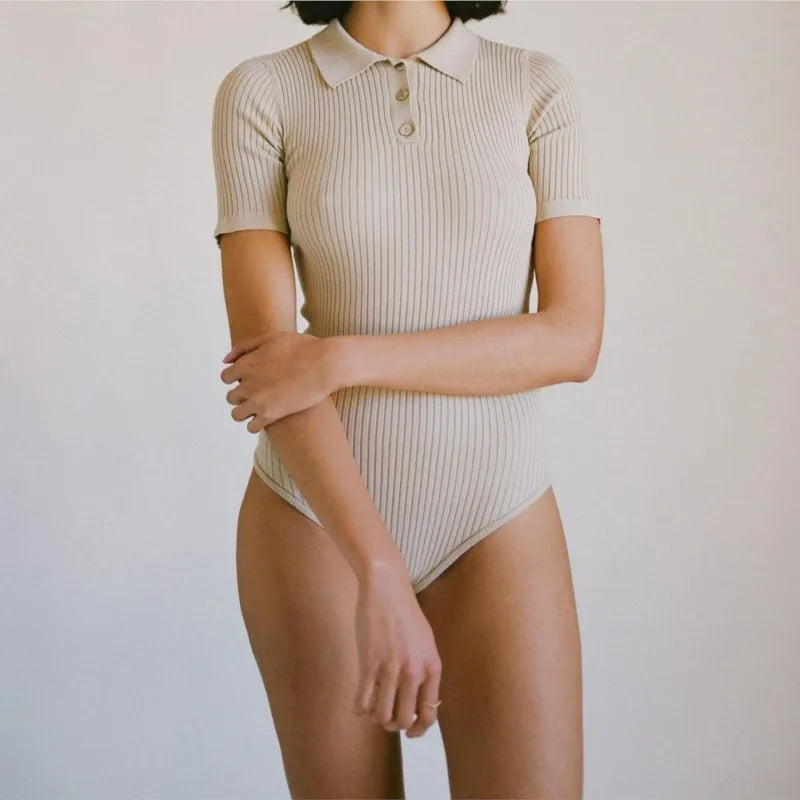 Summer Sexy POLO lapel Collar Ribbed Knitting Short Sleeve Bodysuit Woman Short Jumpsuit Slim Rompers Bodycon Playsuits