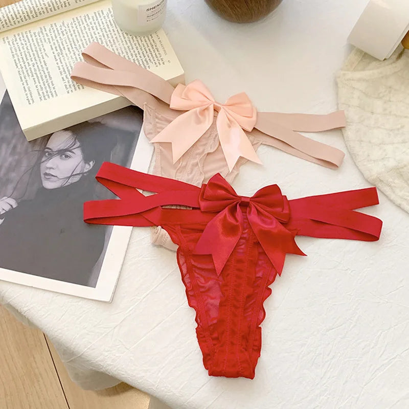 Lace Sexy Girls Briefs Women Panties Seamless Bowknot G String Thong Underwear Low Waist Female Adjustable Lingerie