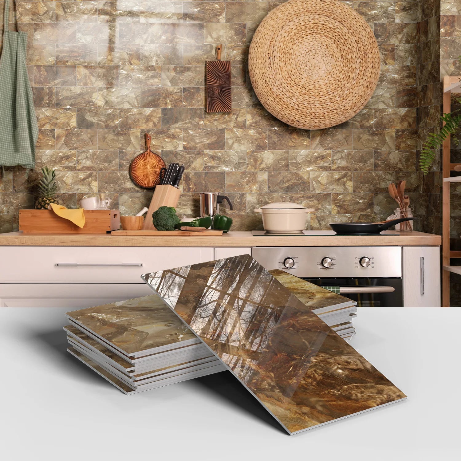 Set of 16 Waterproof Stone Pattern Foam Wall Stickers for Kitchen