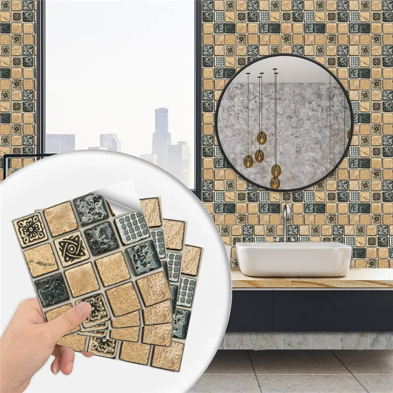 10pcs/set Marble Mosaic Tiles Wall Sticker Transfers Flat Covers for Kitchen Bathroom Stitching Stickers Self-adhesive Removable