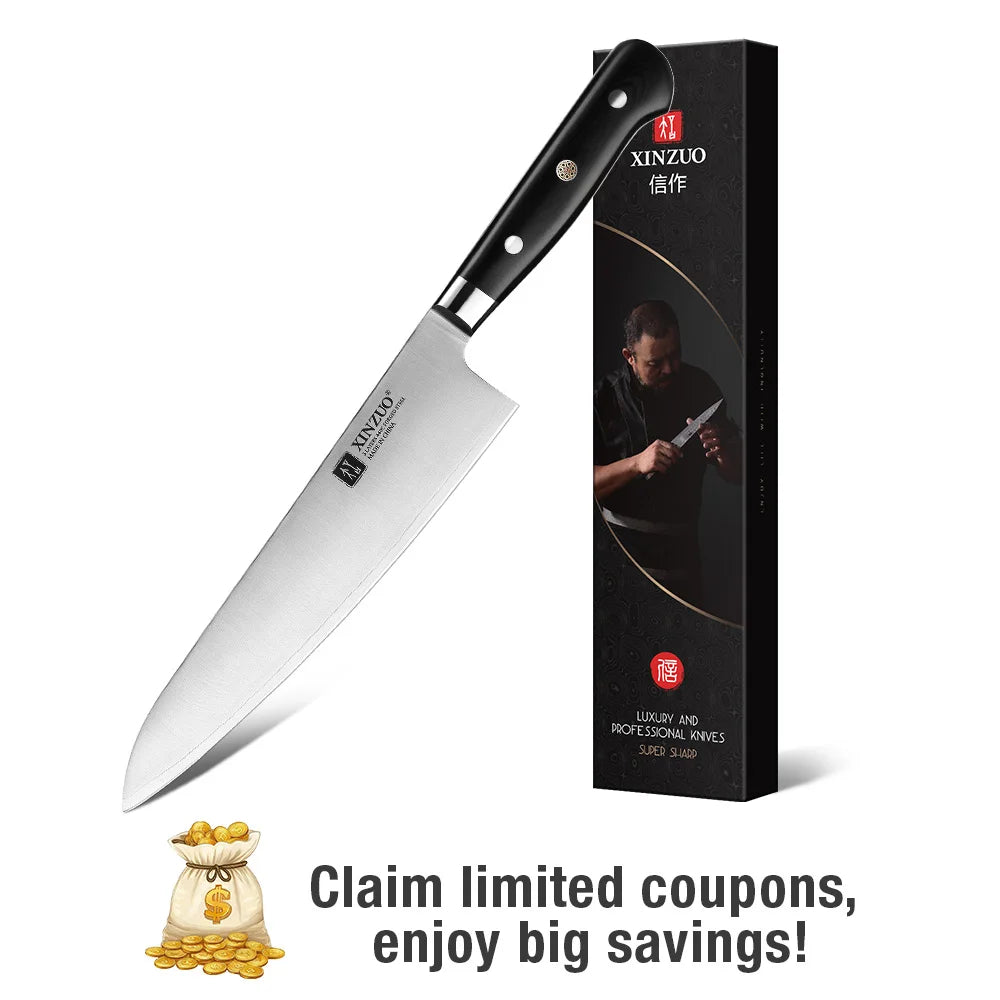 XINZUO 210mm Chef Knife 3 Layer 440C Core Clad Steel Kitchen Knives Stainless Steel Sharp Butchers Gyutou Knife with G10 Handle - Daisan Mart