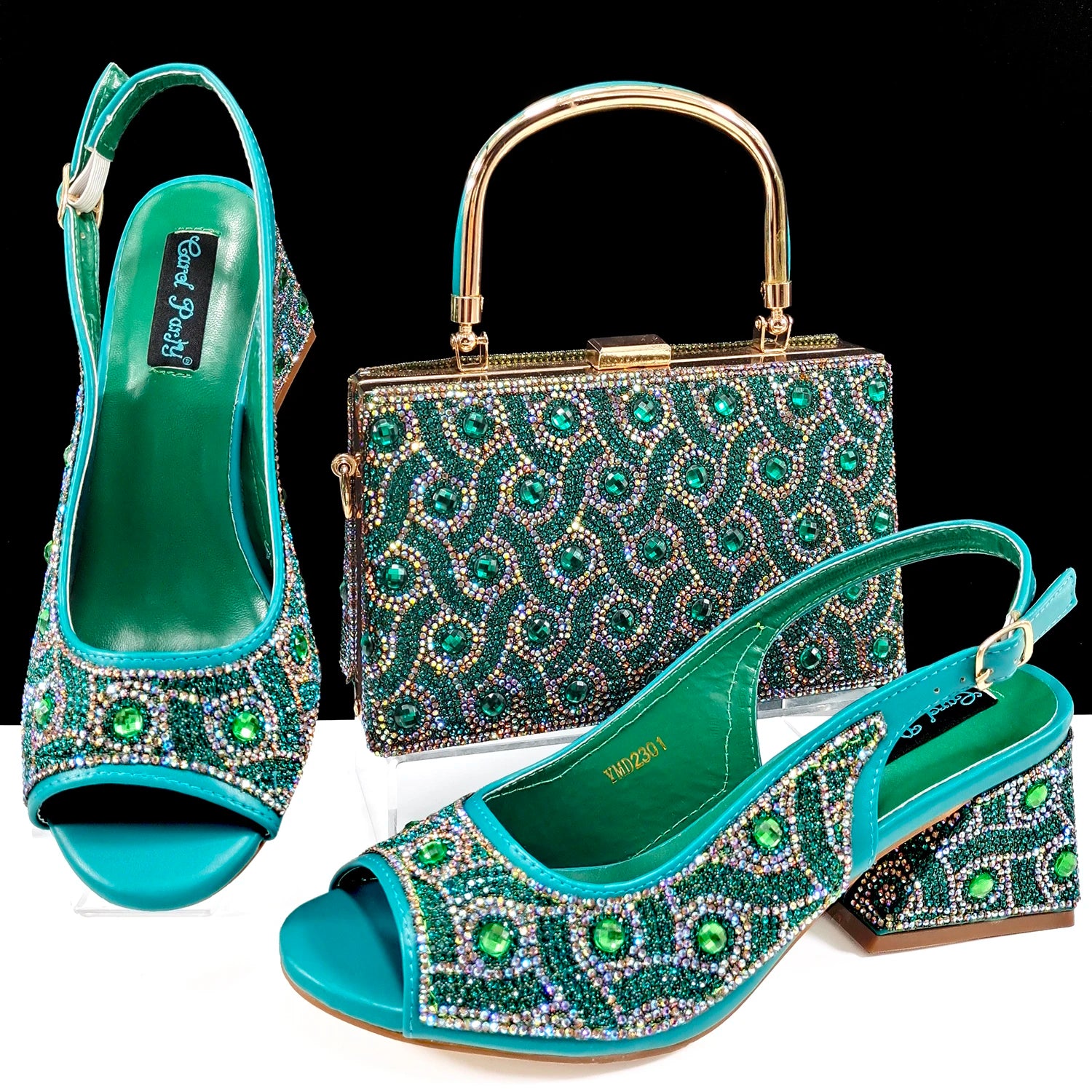 2024 Rhinestone Shoes and Bag Set - Trendy Green