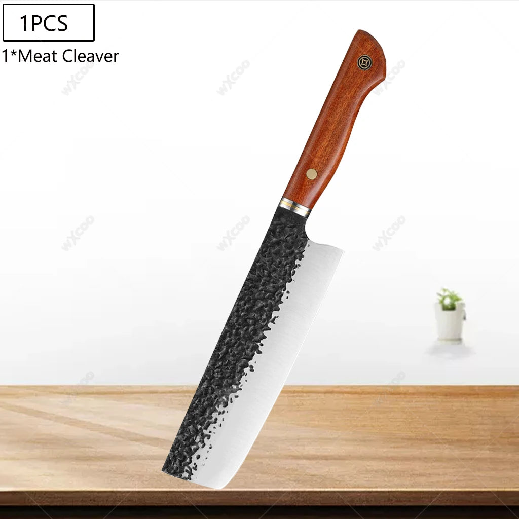 5CR15MOV Steel Chef Knife Set with Wooden Handle Forged Meat Cleaver Japanese Santoku Knife Kitchen Knife Storage Bag - Daisan Mart