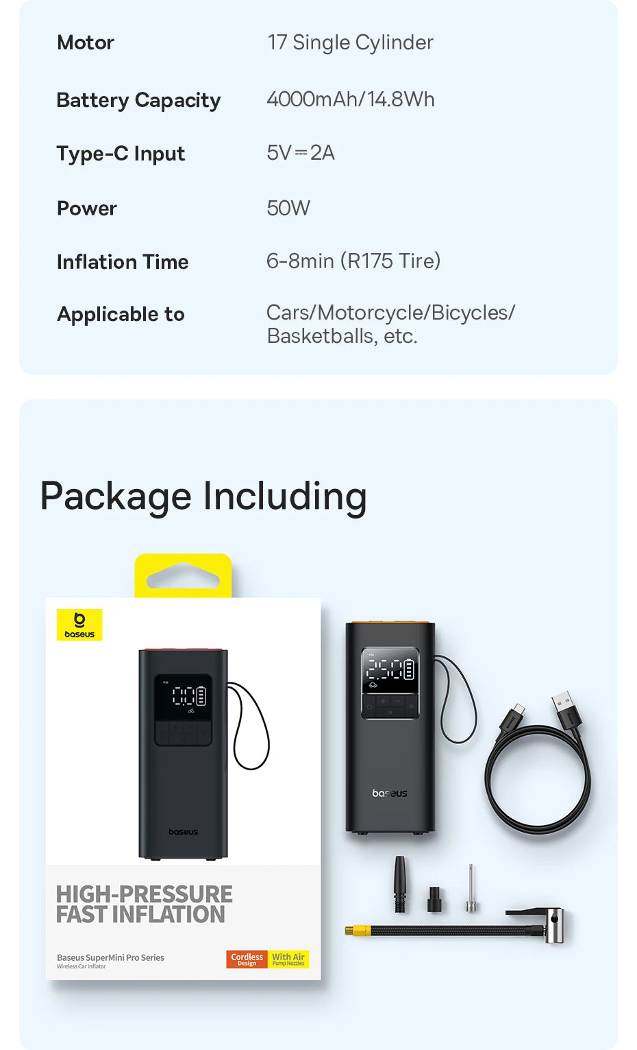 Baseus Wireless Car Air Pump Portable Air Compressor for Car Motorcycles Bicycle Electric Tire Inflator with LCD Digital Display - Daisan Mart