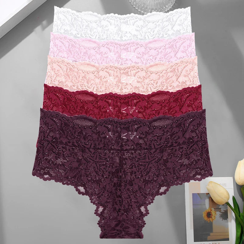 5PCS Women's Sexy Lace Star High Waist Thongs Solid Color Hollow Out Transparents Underwear Female Perspective G-strings S-XXL