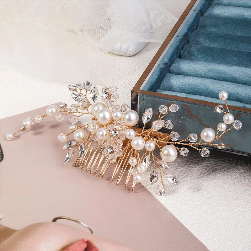 Luxurious Silver Gold Pearl Wedding Hair Comb with Rhinestones