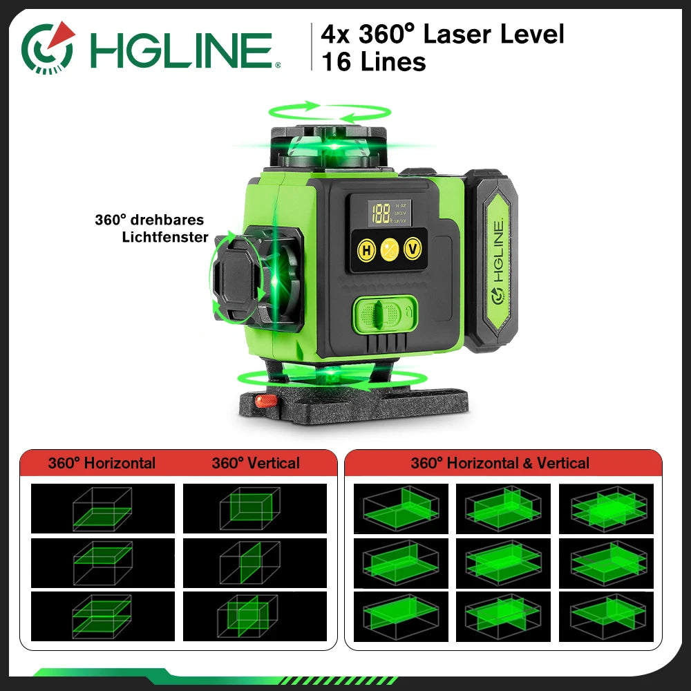 HGLINE 16 Lines 4D Laser Level APP Remote Control Rechargeable Self-leveling 360 Green Line leveling 6000mAh Big Li-ion Battery