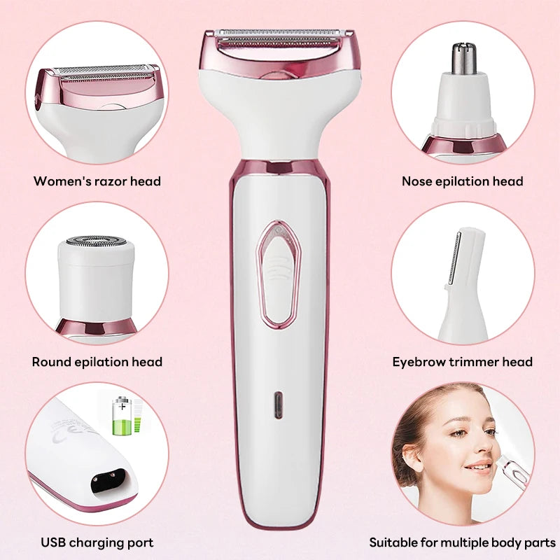 4 in 1 Electric Epilator Painless Bikini Eyebrow Nose for Women Facial Hair Removal Trimmer Face Body Female Shaver Depilator