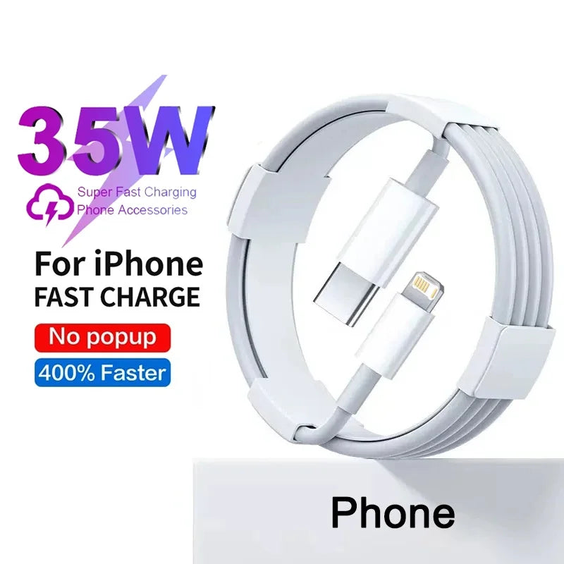 Cáp sạc trắng cuộn tròn, đầu USB-C và Lightning, chữ 35W, nổi bật "For iPhone Fast Charge".