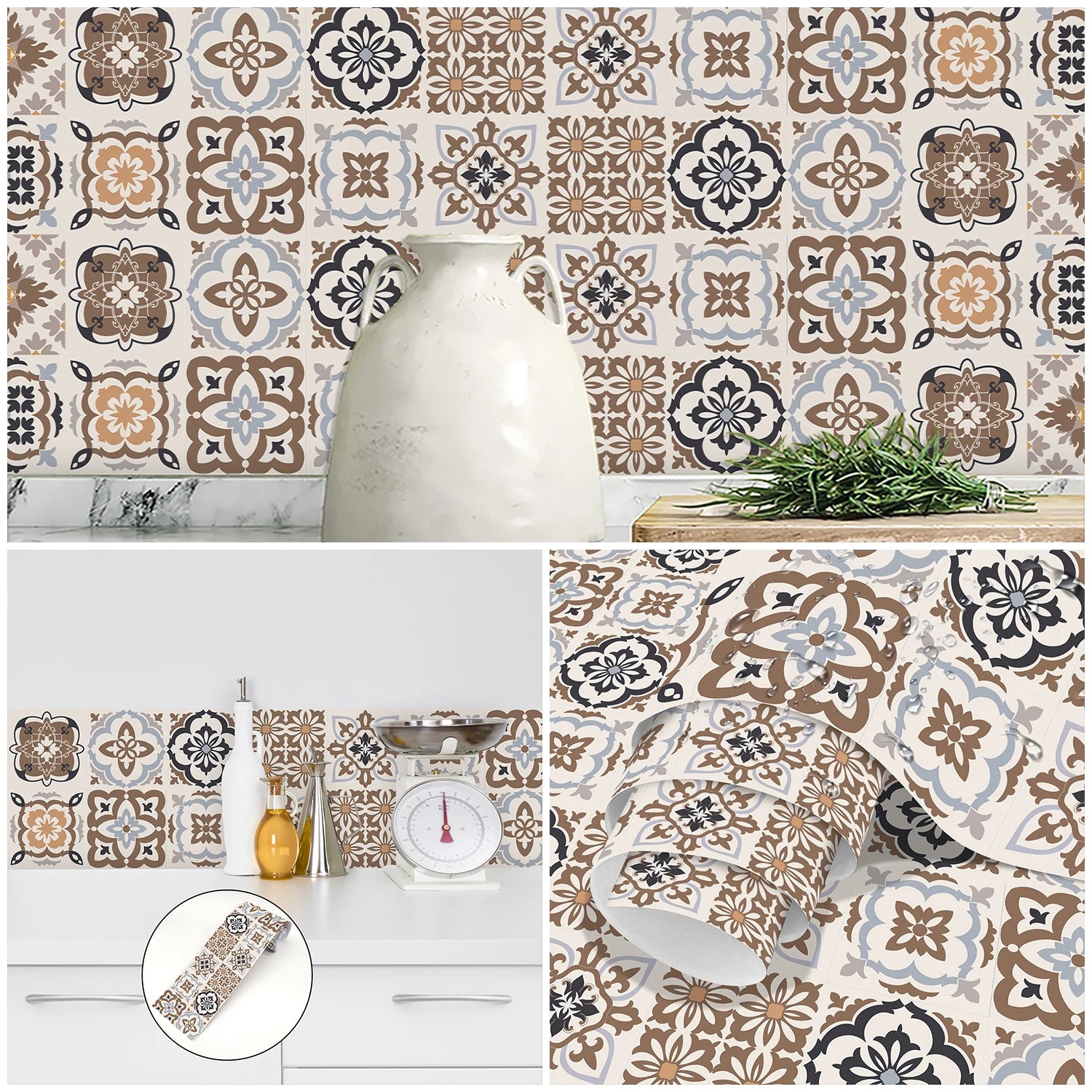 Bohemian Style Ceramic Tile Wall Sticker Bathroom Kitchen BackSplash Waistline Skirting Strip Decor Peel &amp; Stick Art Wall Decals
