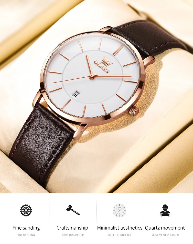 Đồng hồ nam OLEVS siêu mỏng 6.5mm dây da thời trang