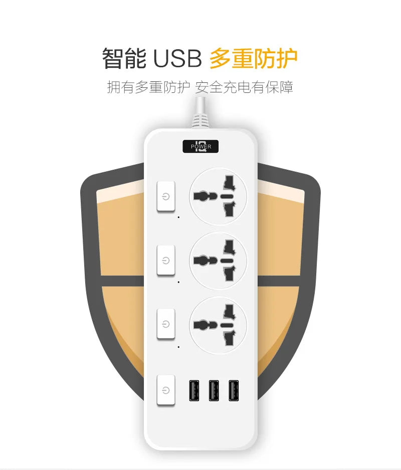 US UK EU Multi-function Power Plug-in Board 2m Extension Cable with USB Power Strip Household High-power Multi-plug Socket