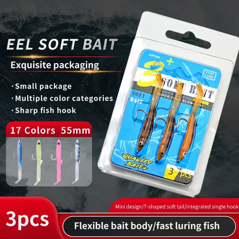 Afishlure Pesca Eel Soft Fishing Lure Glow Soft Bait with Hook Sea Fishing Tackle Raglou Fishing Lure 3pcs 55mm