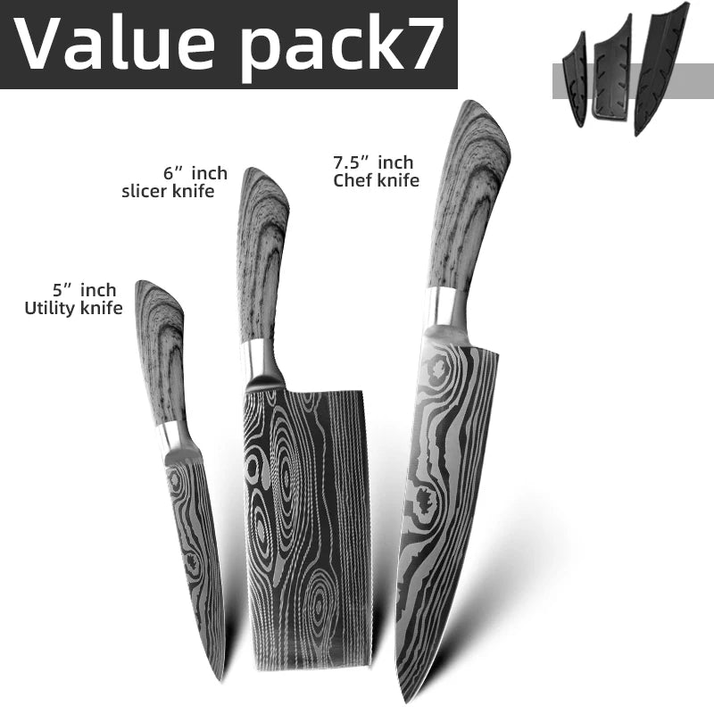 Japanese Santoku Kitchen Knife Set 7Cr17 440C Damascus Pattern