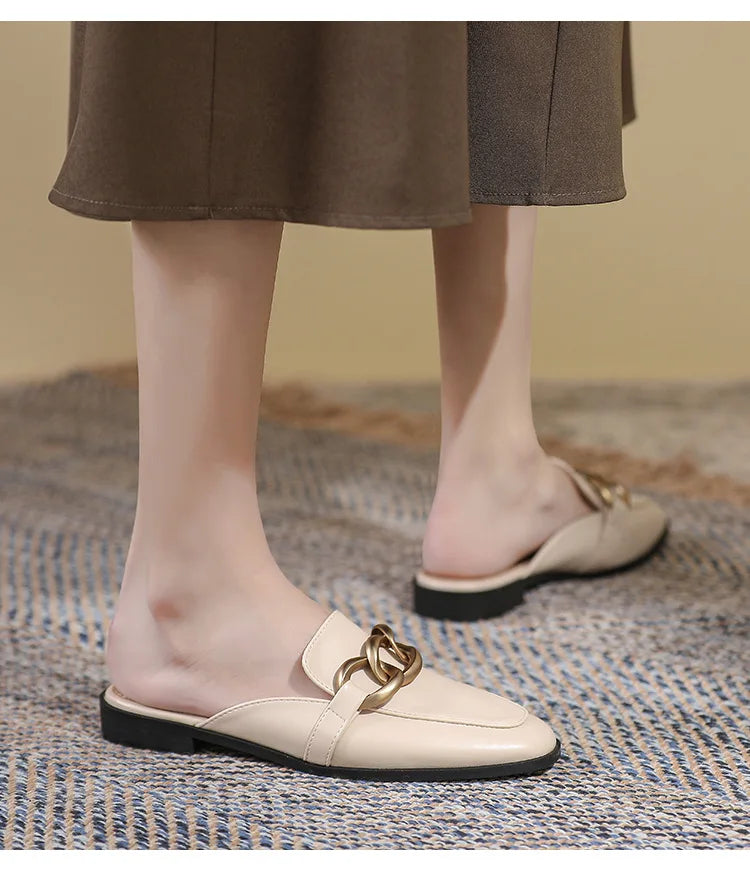 Women's Fashion Mules - Square Toe Black and White Chain