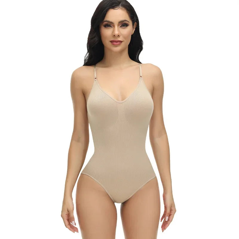 Compression Bodysuit V-neck Slim Straps Ultra-thin Open Back