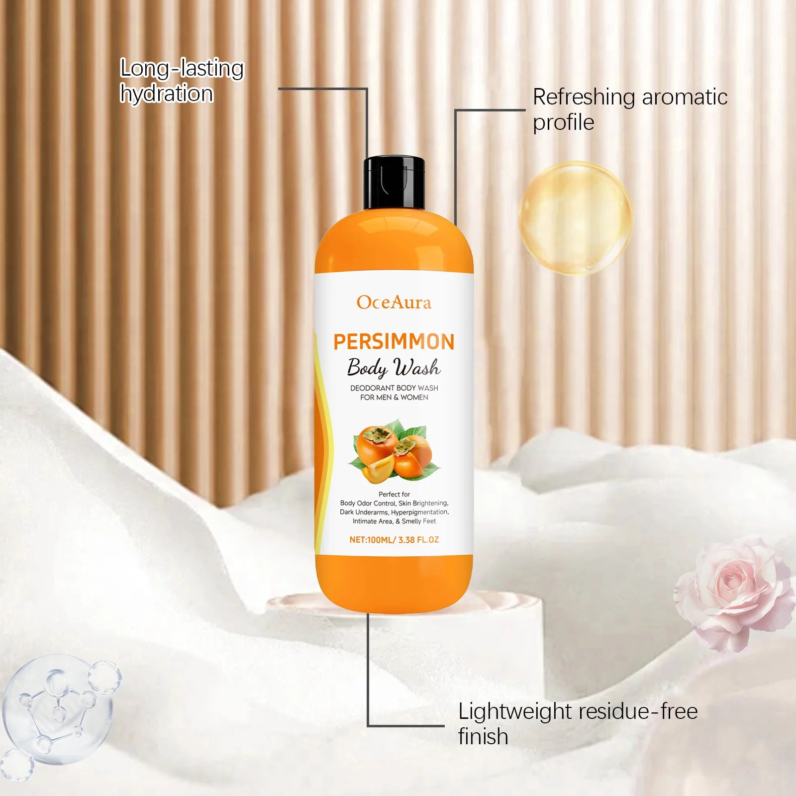 OceAura Persimmon Body Wash Moisturizing Skin Cleaning Smooth Soft Body Odor Remover Bath Products Exfoliating Shower Gel 100ml
