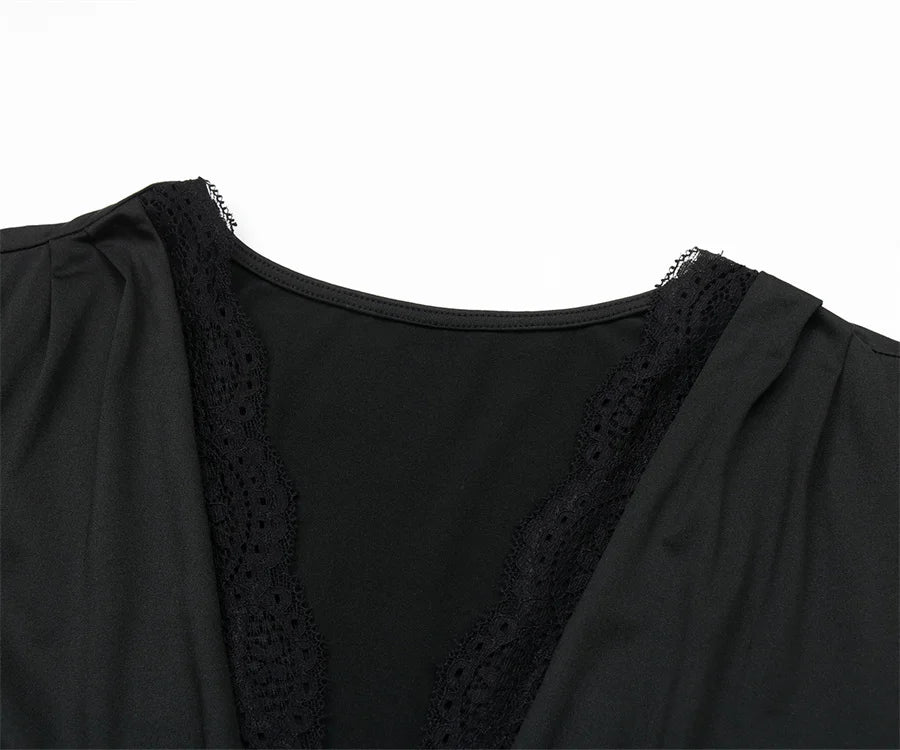 Benuynffy Sexy Deep V-neck Contrast Lace Bodysuit Women's Spring Fall Long Sleeve Club Party Elegant One-piece Body Tops - Daisan Mart