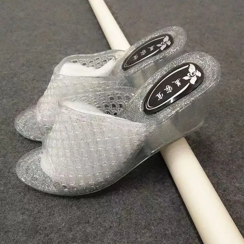 Summer Women's Causal One Word Slippers Soft Bottom Non Slip Slope Heeled Transparent Crystal Home Slippers Bathroom Slippers