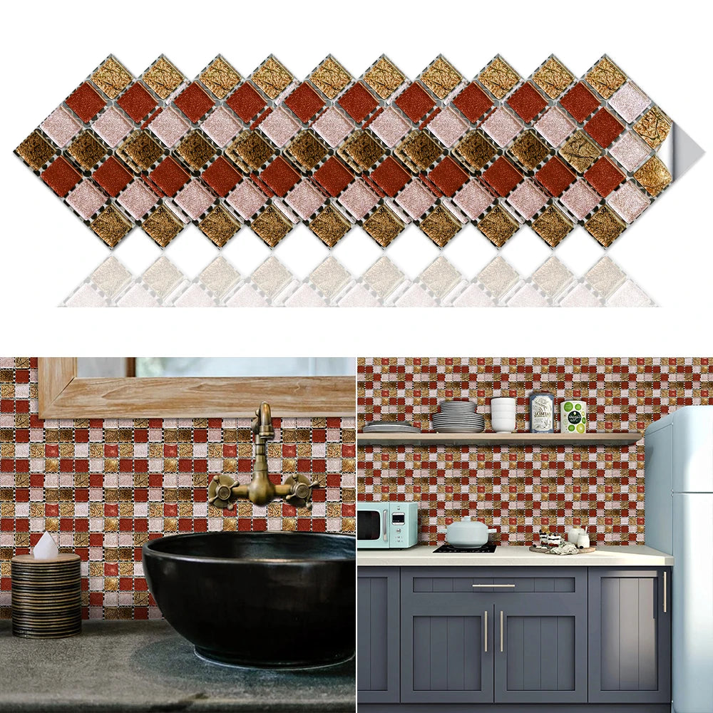 10pcs Flat Mosaic Style Tiles Sticker Kitchen Bathroom Waterproof &amp; Oilproof Art Wall Sticker Peel &amp; Stick Surface Glossy Film