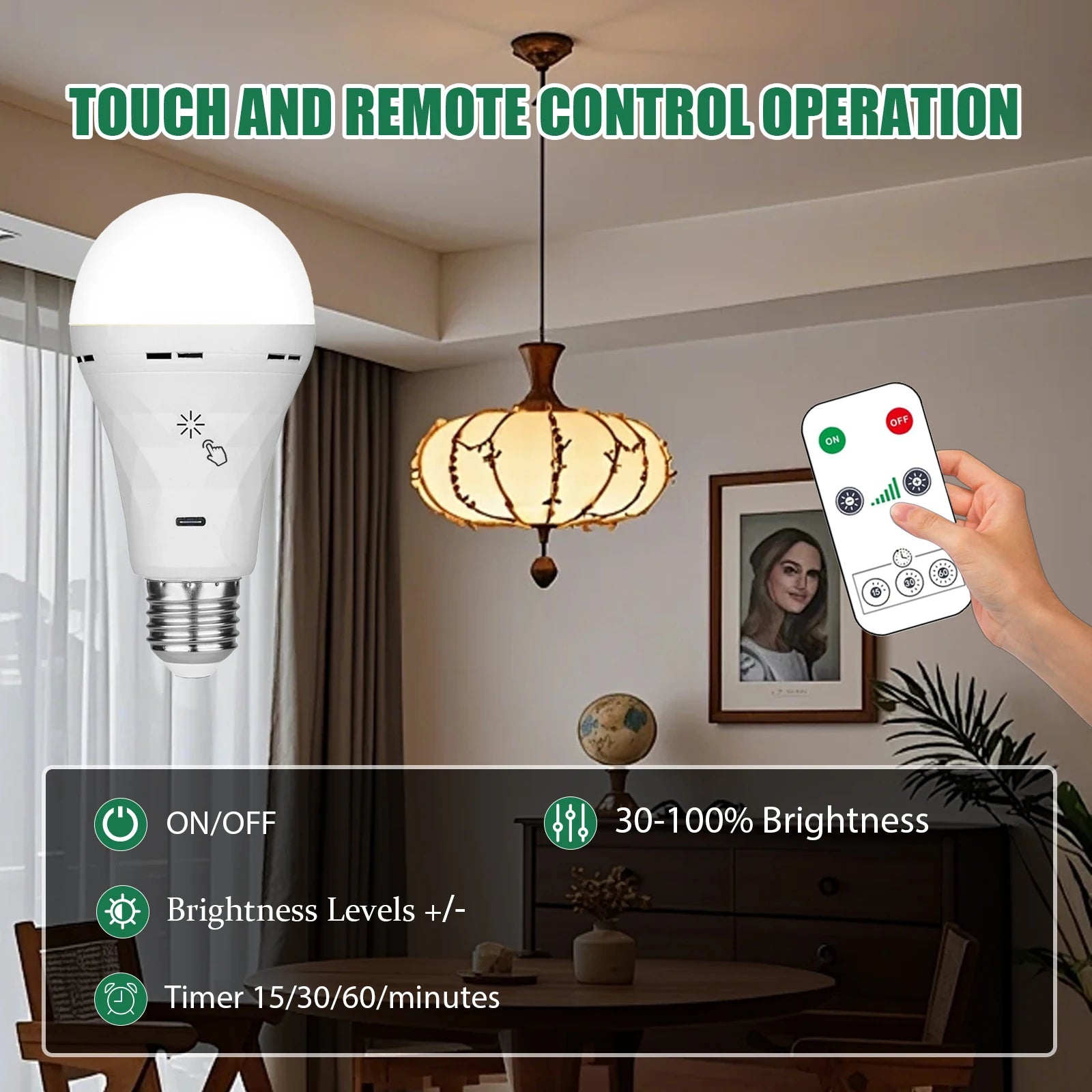 E27 USB Rechargeable LED Bulb Touch, Light Adjustment