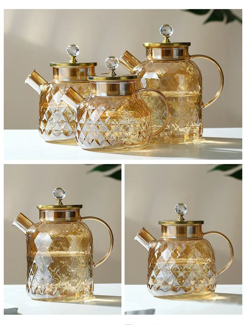1/1.8L Tea Pot  High Borosilicate Glass Cold Water Kettle with Lid and Filter Amber Heat Resistant Tea Maker for Blooming Tea