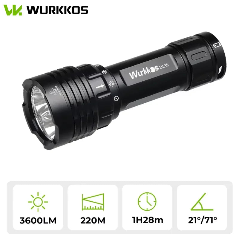 Đèn pin Wurkkos màu đen, 3600 lumen, chiếu xa 220m, thời gian dùng 1h28m, góc 21°/71°.