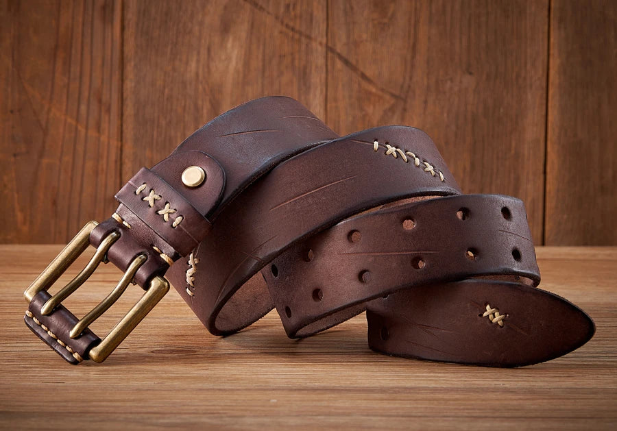 Men's military cowhide belt with double buckle, dusty style