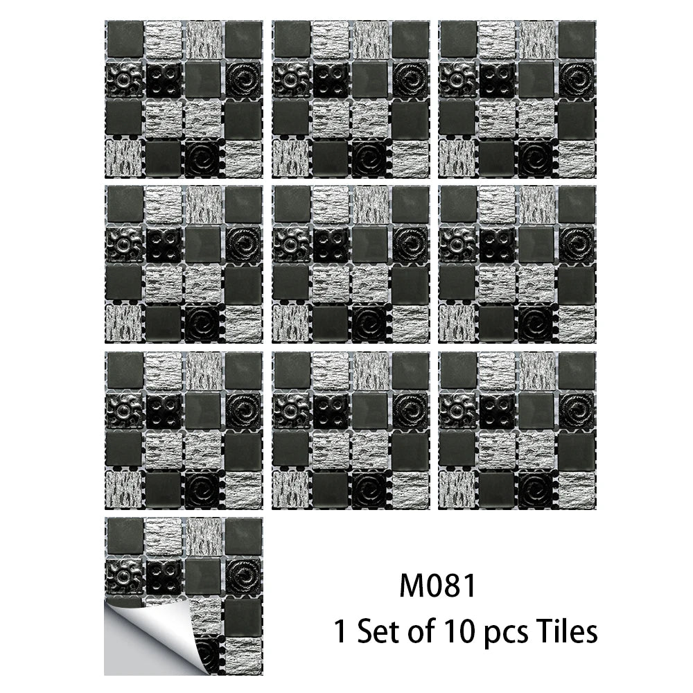 10pcs Flat Mosaic Style Tiles Sticker Kitchen Bathroom Waterproof &amp; Oilproof Art Wall Sticker Peel &amp; Stick Surface Glossy Film