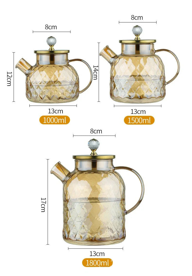 1/1.8L Tea Pot  High Borosilicate Glass Cold Water Kettle with Lid and Filter Amber Heat Resistant Tea Maker for Blooming Tea