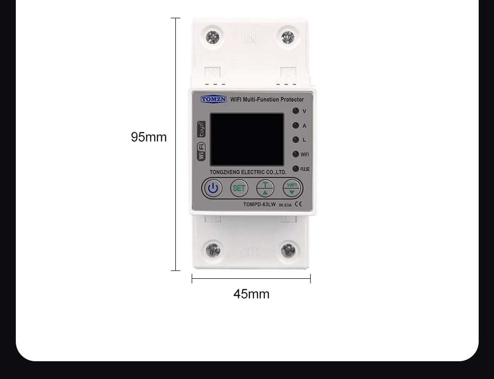 TOMZN 63A WIFI Smart Switch TUYA Energy Meter Kwh Metering Circuit Breaker Timer with voltage current and leakage protection