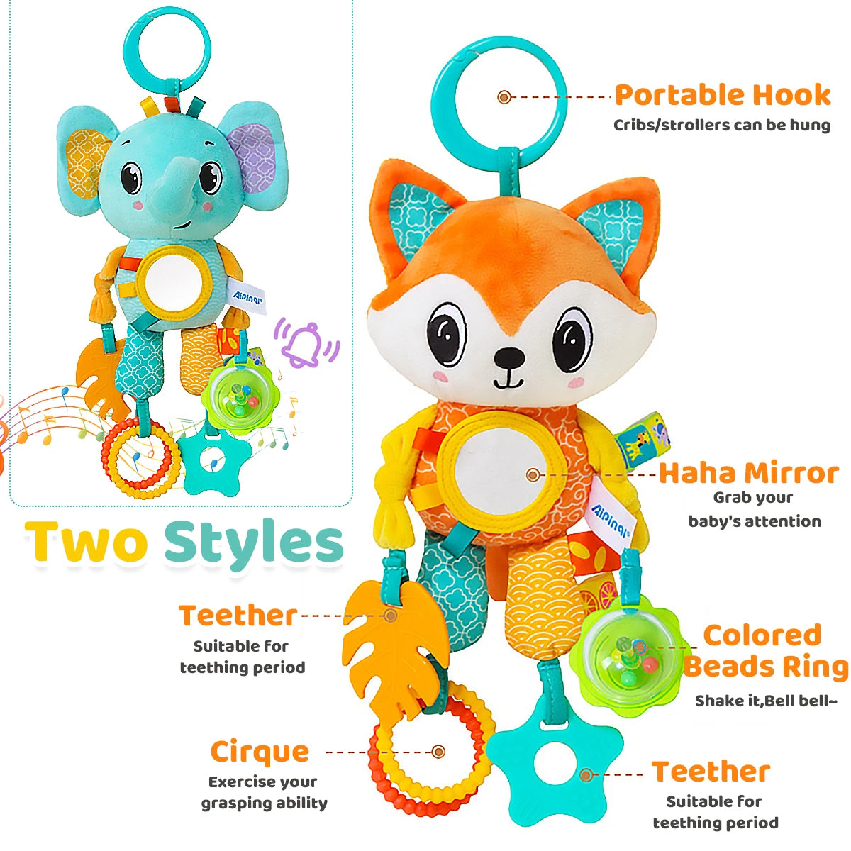 Wind Chimes Plush Animals Hanging Stroller with Teether for Babies