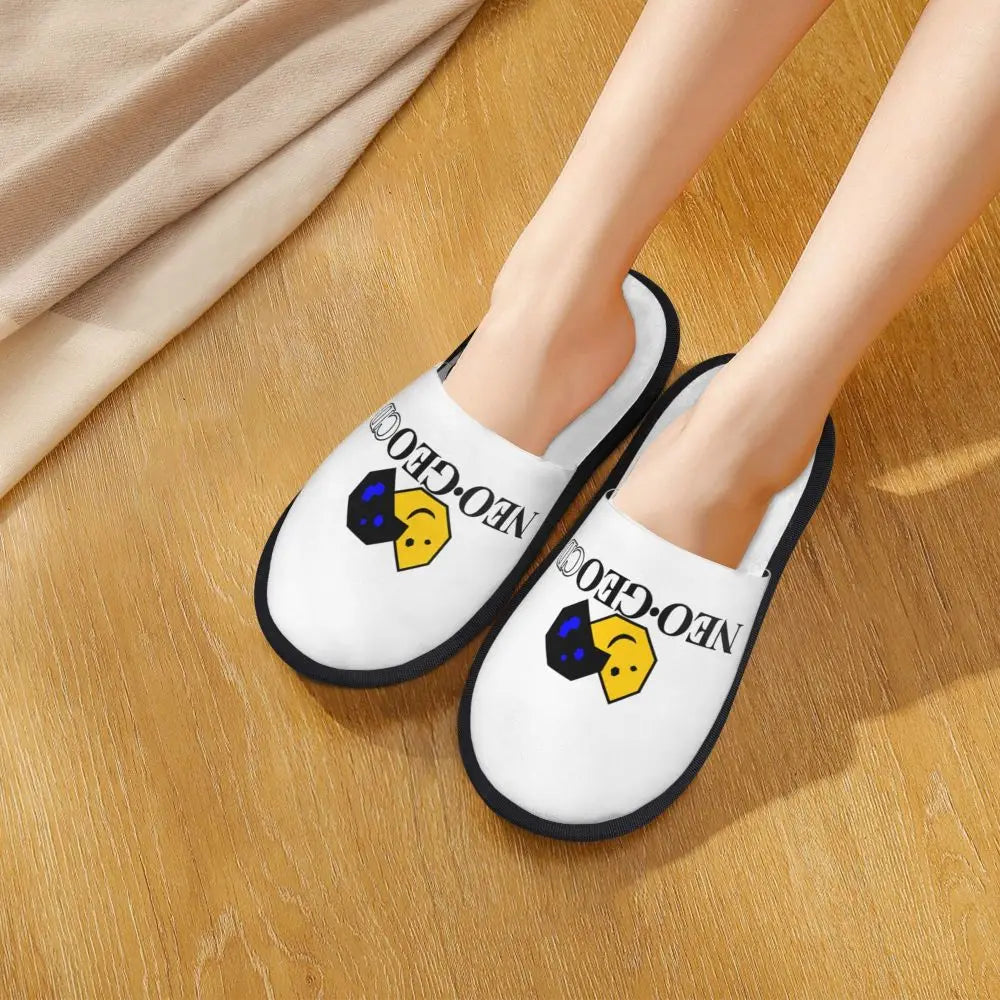 Neo Geo Logo Printed Warm Furry Slippers Gamer Style