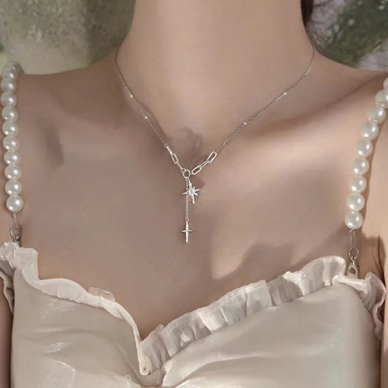 Feminine and Gentle Long Crystal Star Silver Necklace