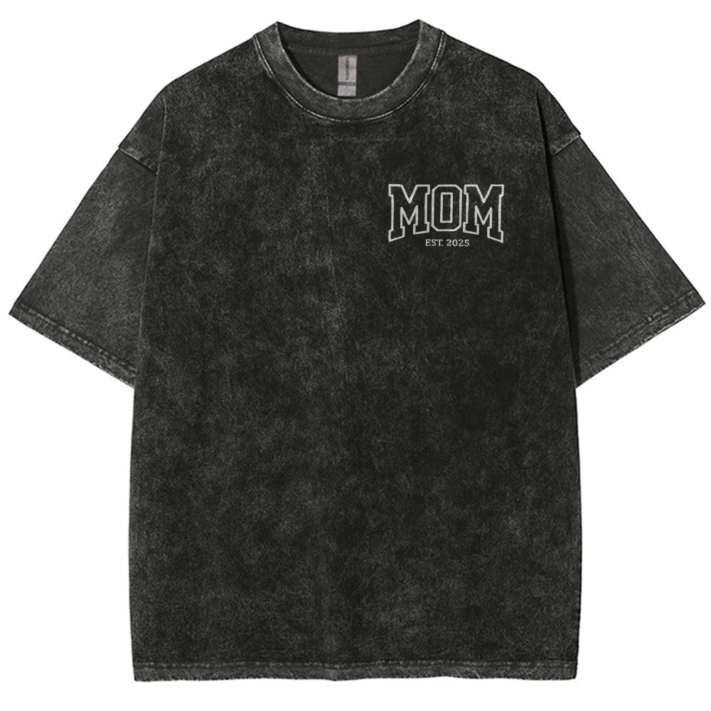 Unisex T-shirt Embroidered with MOM EST 2025 Denim Style