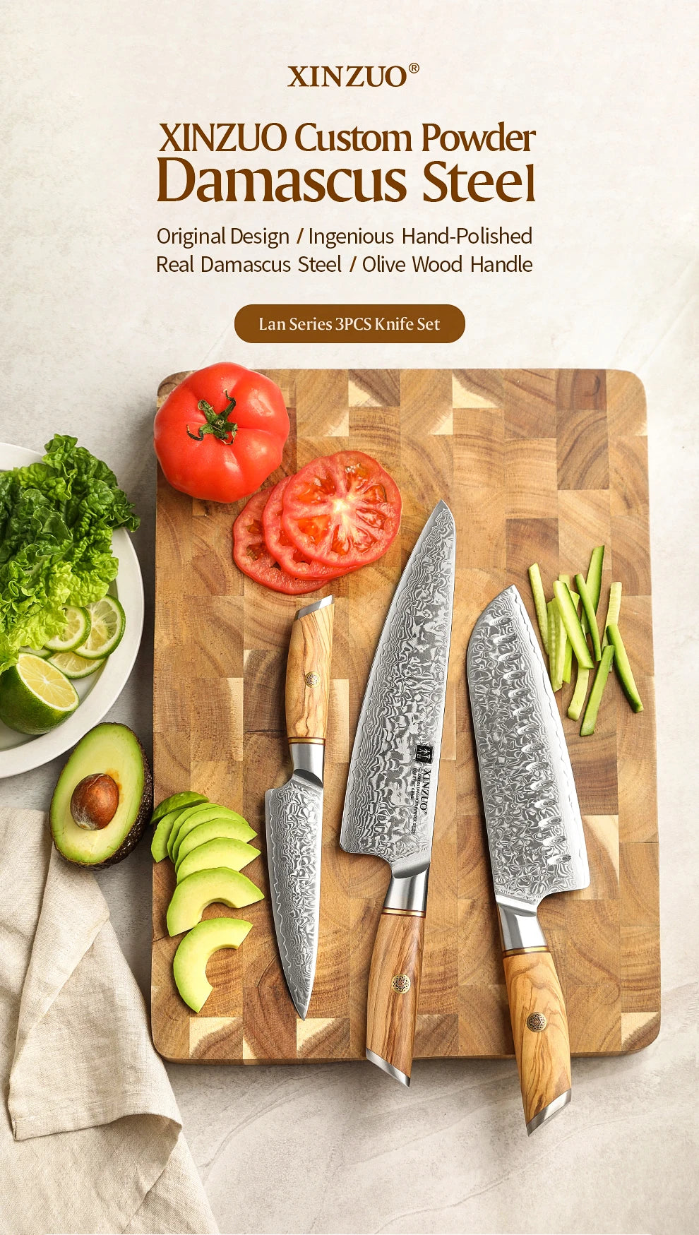 XINZUO 1PC-3PCS Damascus Japanese VG10 Steel Chef Knife Santoku Knife Utility Knife Olive Wood Handle with Copper Flower Nails - Daisan Mart