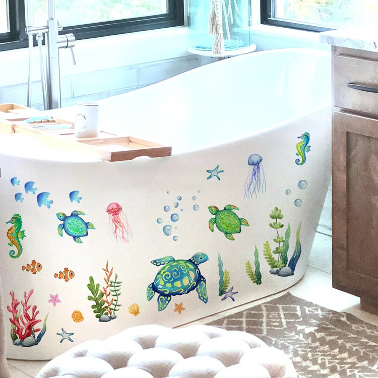 Cartoon Sea Turtle Seahorse Wall Stickers Kids Room Bathroom Decoration Mural Home Decor Self-adhesive Marine Animals Wallpaper